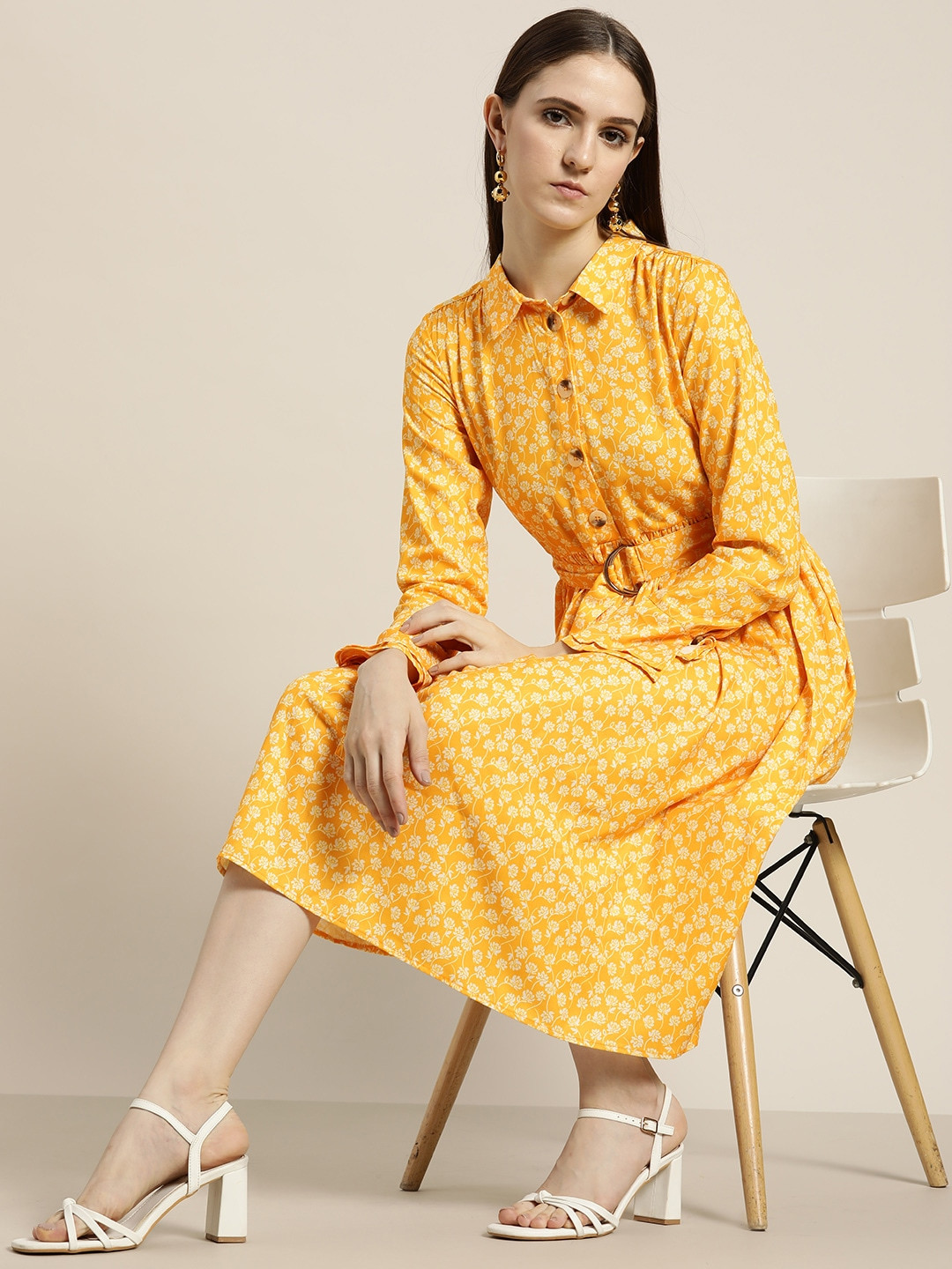 her by invictus Mustard Yellow & White Floral Shirt Dress