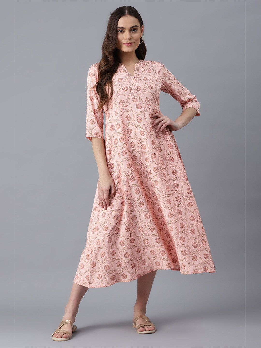 AURELIA Peach-Coloured Floral Ethnic A-Line Midi Dress