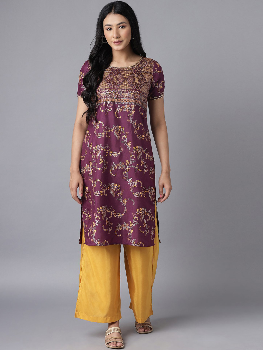 AURELIA Women Purple Floral Printed Regular Sequinned Kurta with Palazzos
