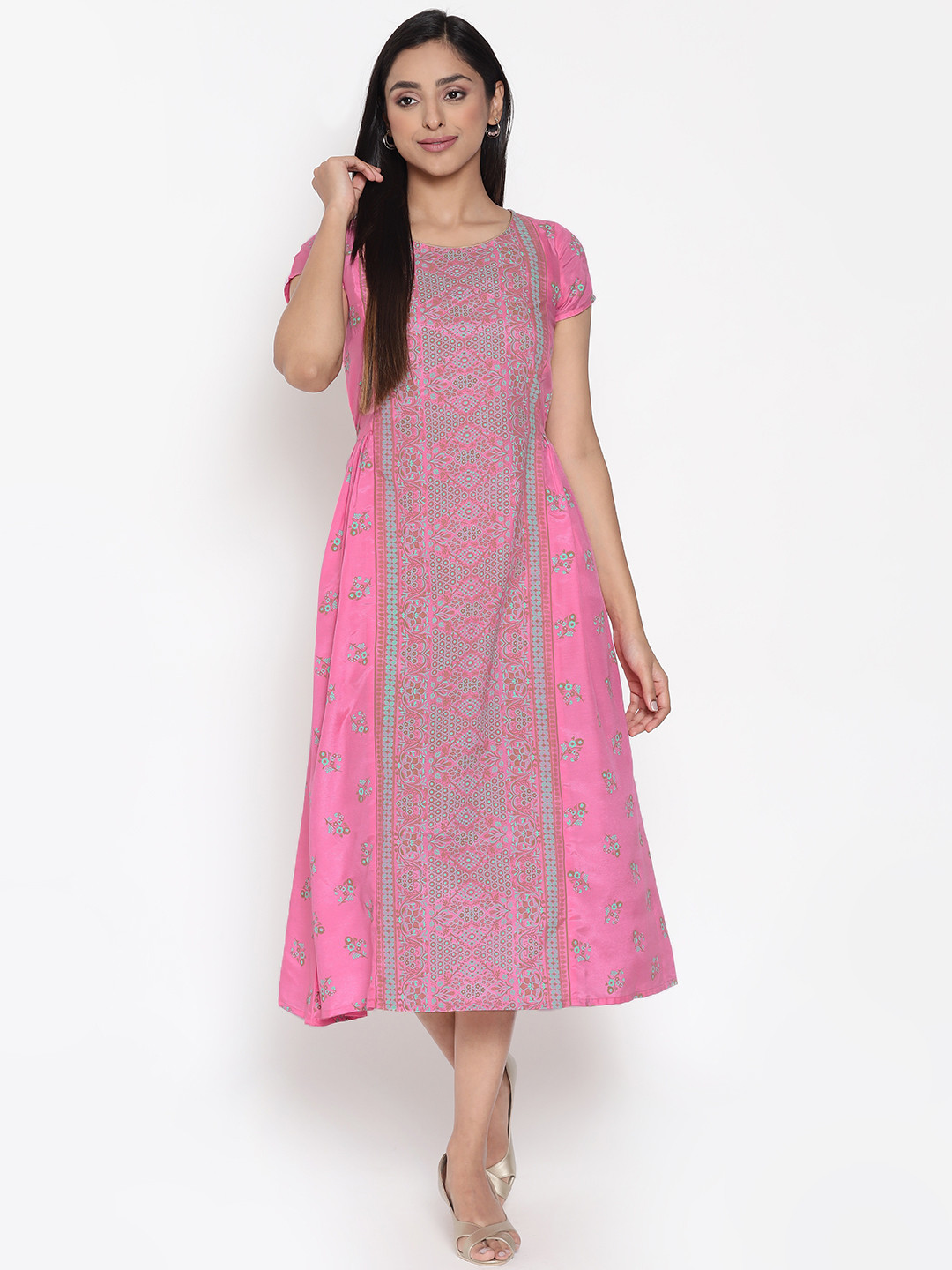 AURELIA Pink & Green Floral Ethnic A-Line Midi Dress