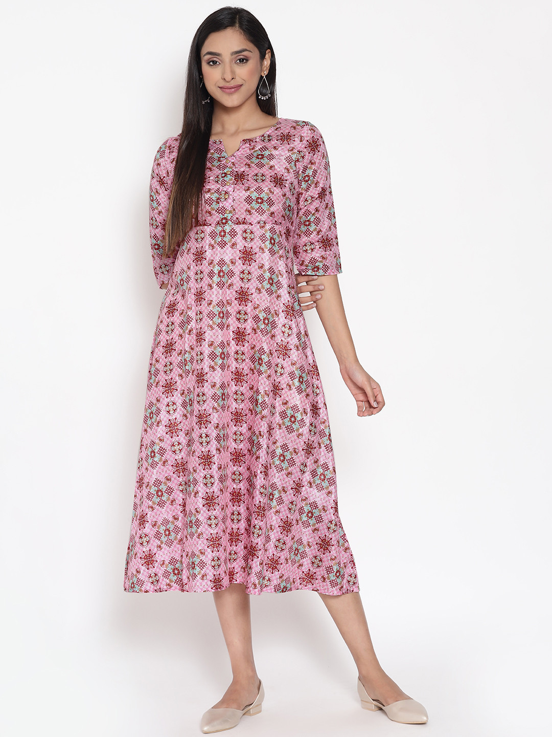 AURELIA Pink Floral Ethnic A-Line Midi Dress