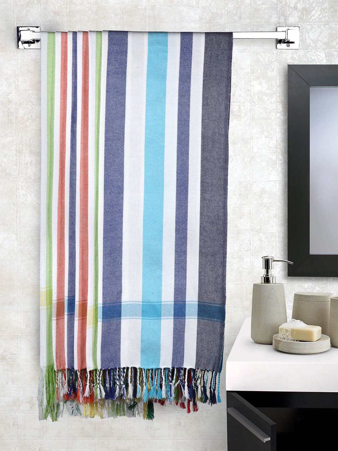 Arrabi Set Of 6 Green & Red Striped 210 GSM Cotton Bath Towel