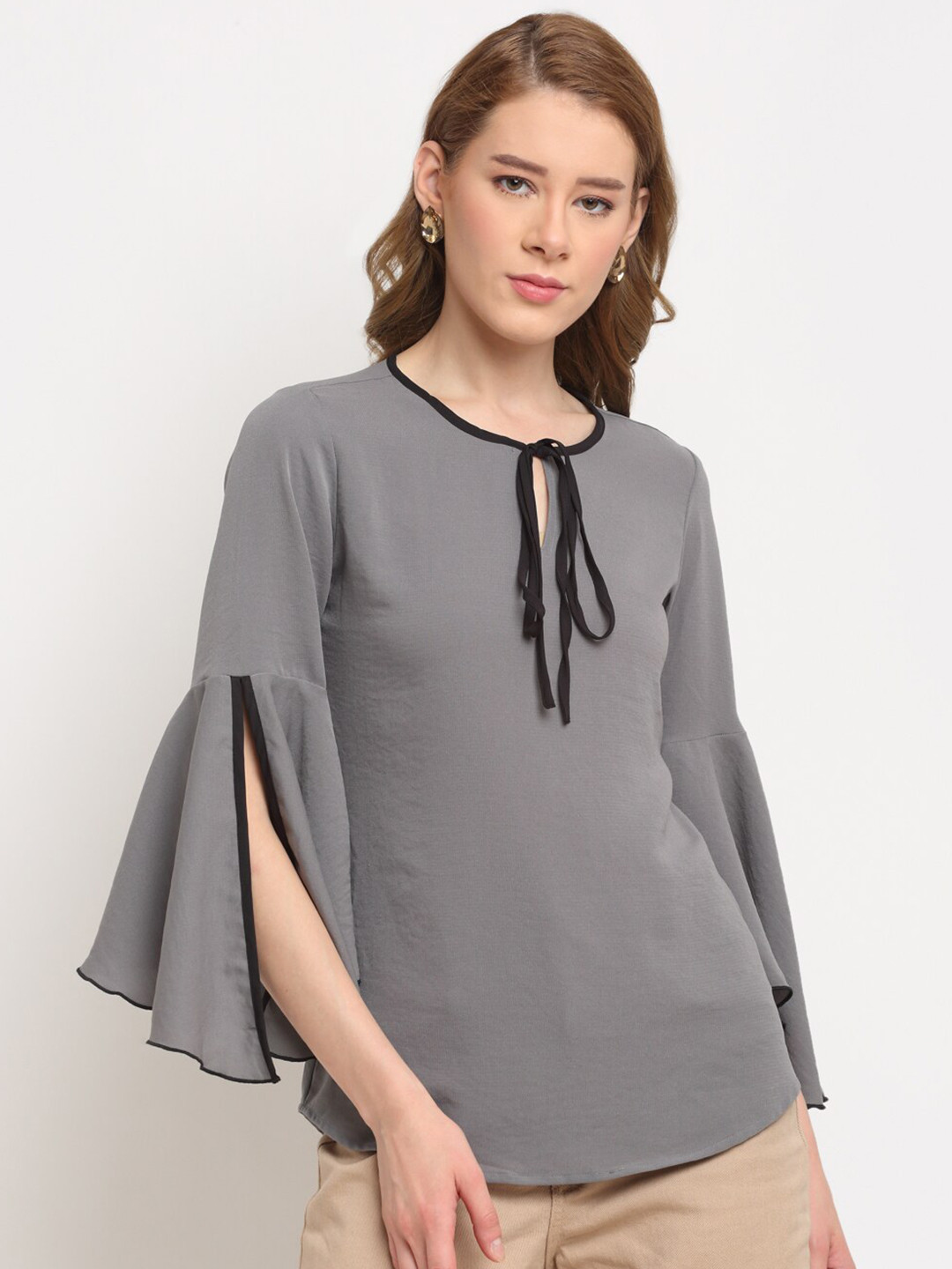 Crozo By Cantabil Grey Flared Sleeves Cotton Tunic