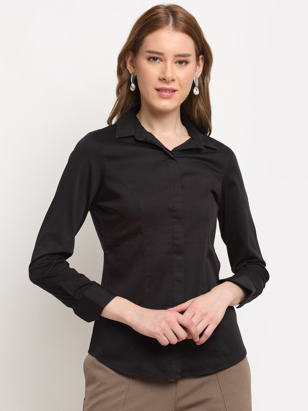 Crozo By Cantabil Women Black Opaque Cotton Formal Shirt