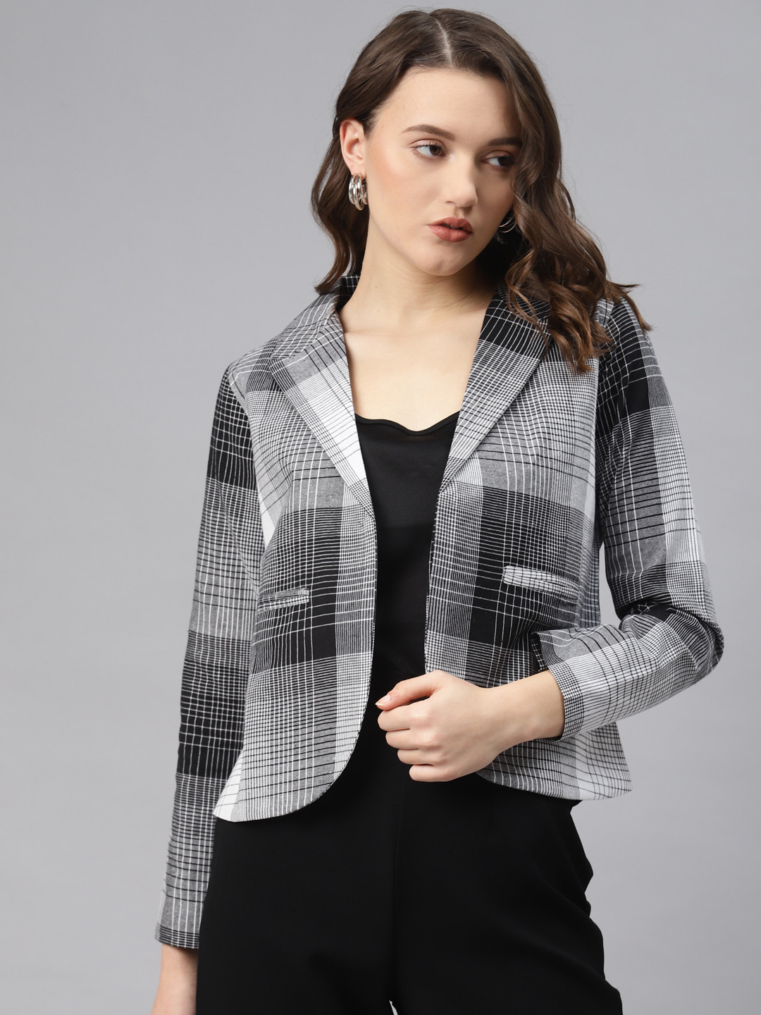 Cottinfab Women Grey & Black Checked Cotton Front Open Blazer