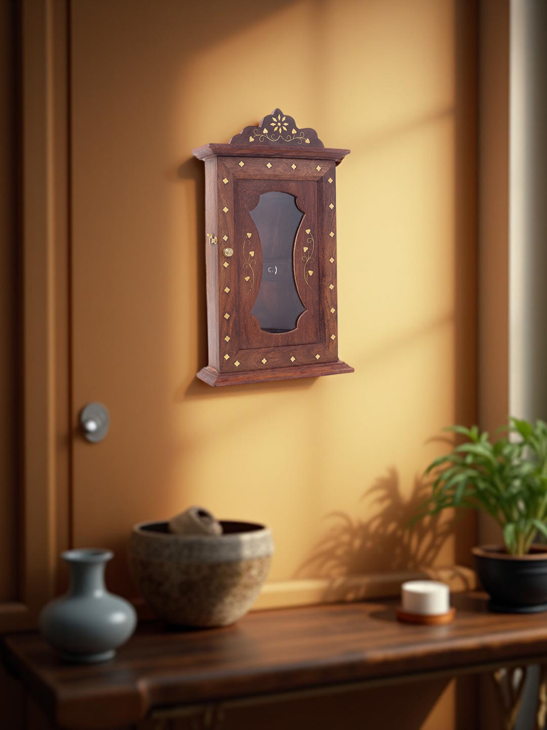 Golden Peacock Brown Solid Wooden Wall Mounted Key Holder