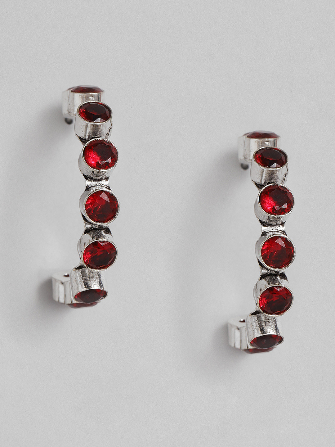 EL REGALO Red & Oxidised Silver-Toned Circular Stone Studded Half Hoop Earrings
