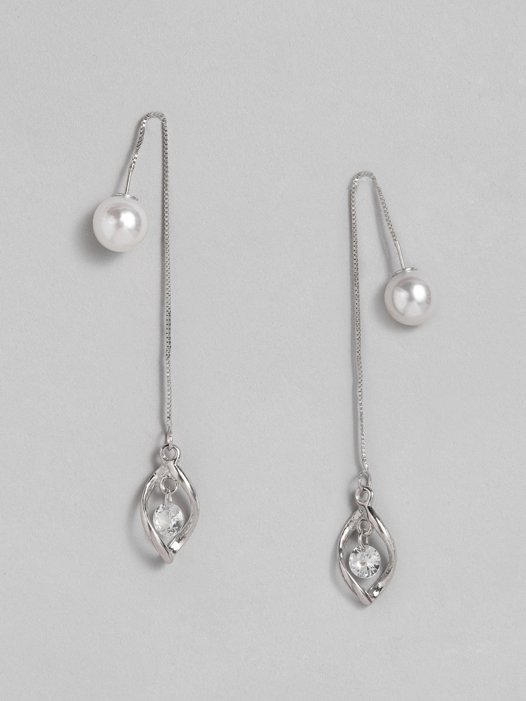 EL REGALO White & Silver-Toned Pearl Beaded Contemporary Double-Sided Drop Earrings