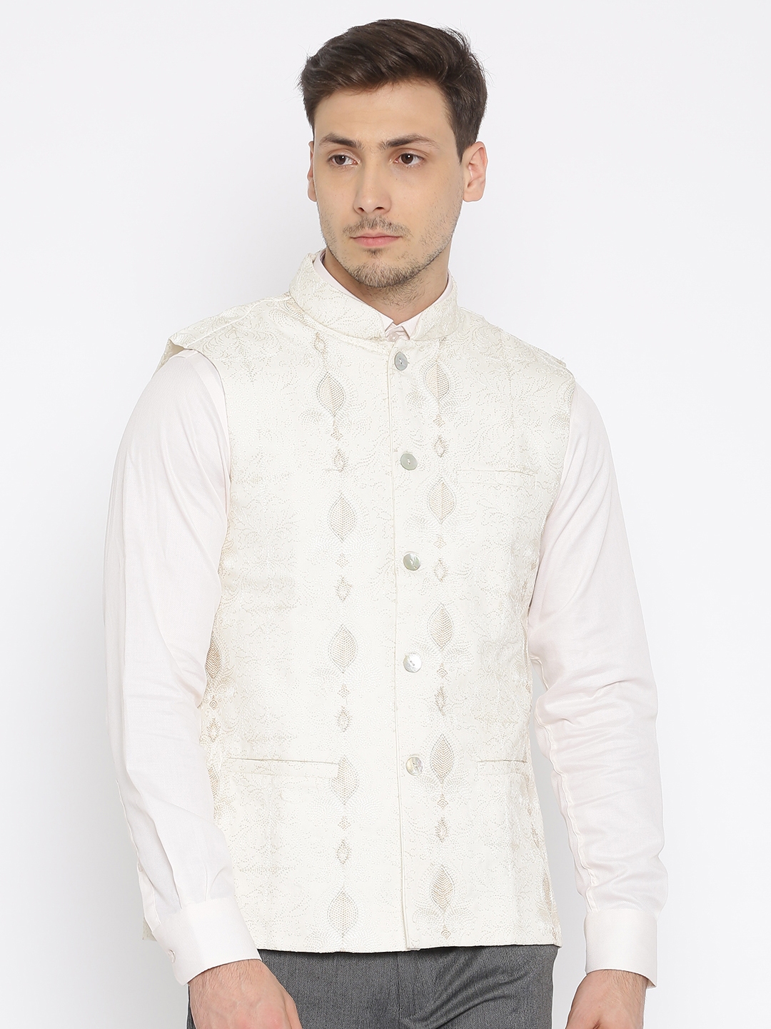 Buy Raymond Ethnix Off White Embroidered Nehru Jacket - Nehru ...