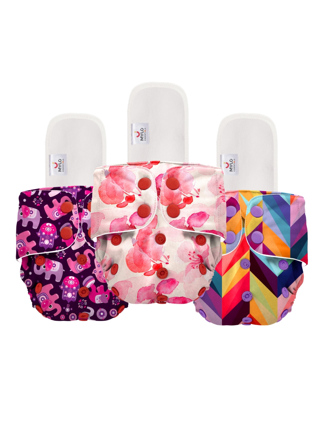 Mylo Infants Kids Pack Of 3 Pink & White Printed Reusable Diapers With 3 Dry Feel Inserts