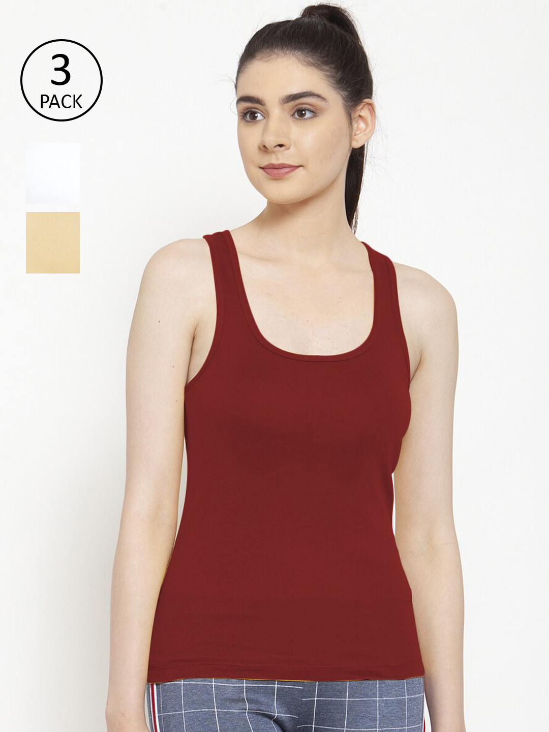 Friskers Pack Of 3 White & Beige Cotton Tank Top