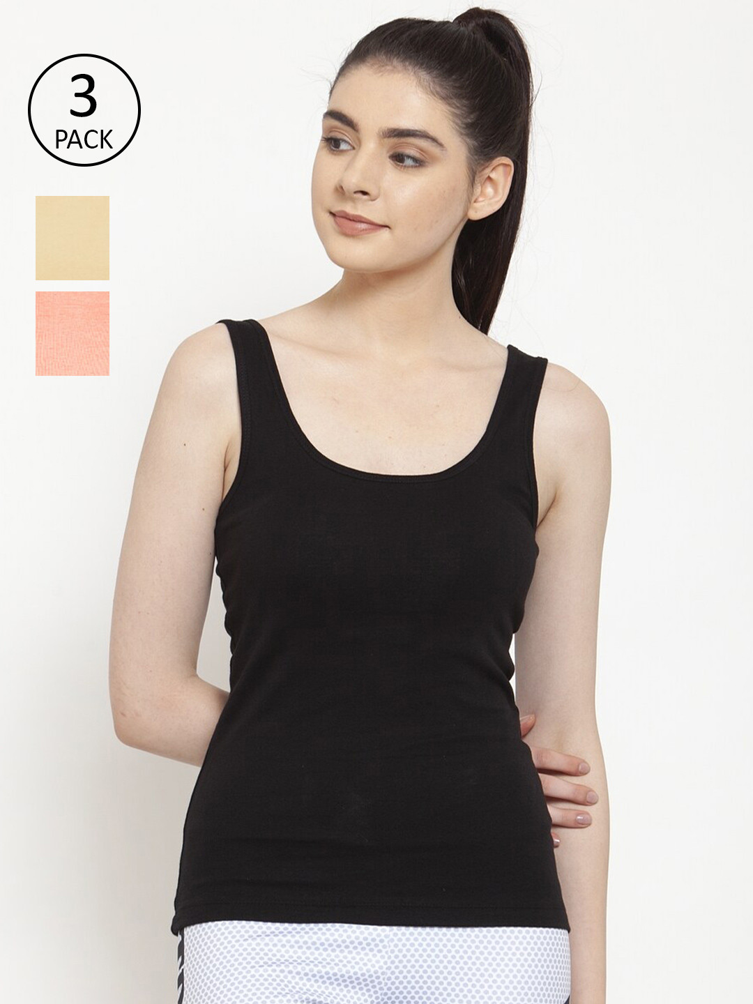 Friskers Pack Of 3 Black & Beige Tank Top