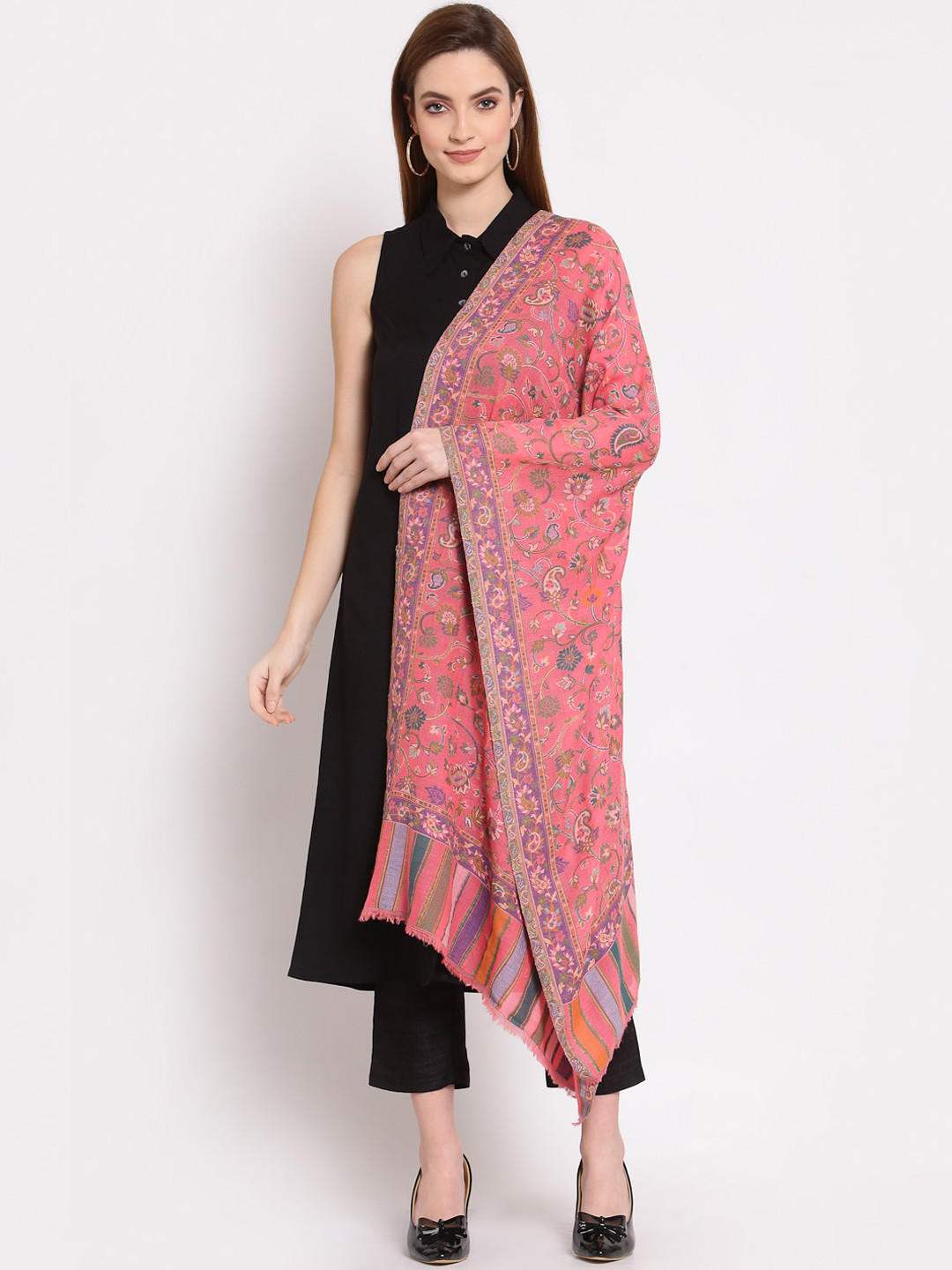 Anekaant Women Pink & Green Woven-Design Woolen Shawl