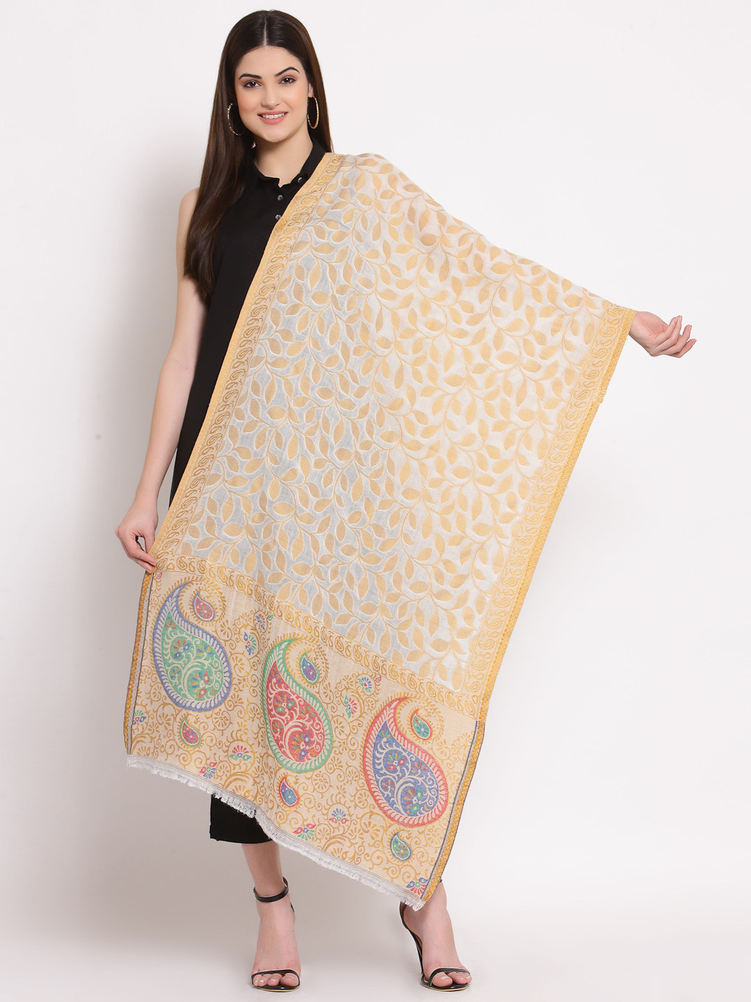Anekaant Beige Paisley Woven Design Woolen Shawl