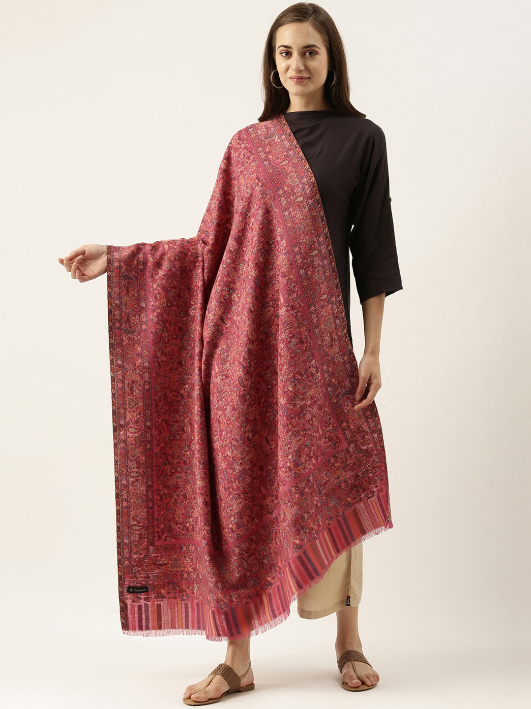 Pashmoda Women Pink Kaani Woven Design Shawl