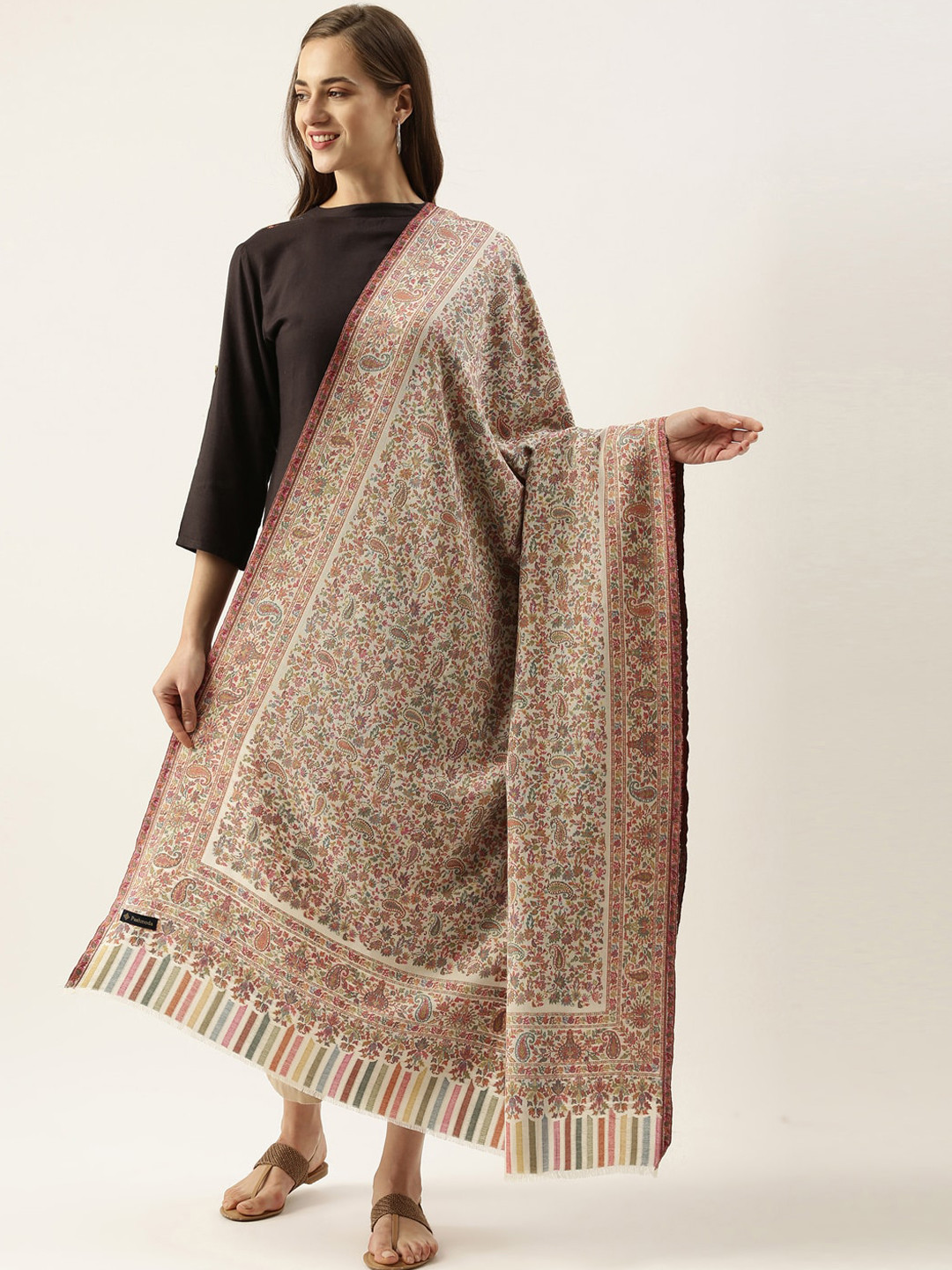 Pashmoda Women White Kaani Woven Shawl