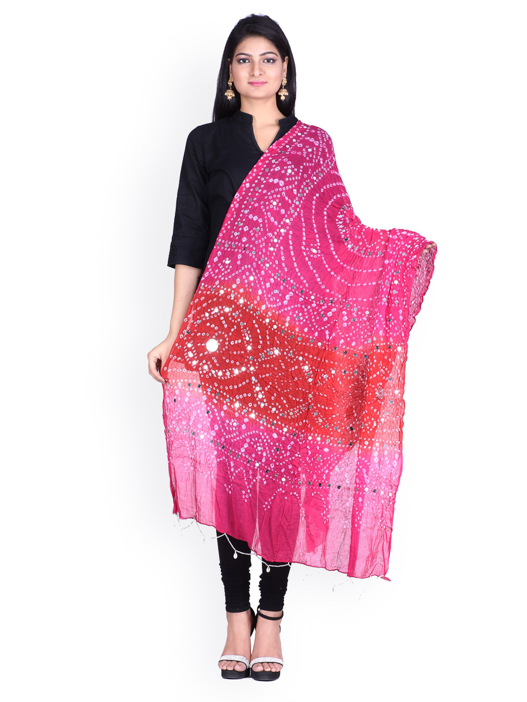 SOUNDARYA Pink & Red Bandhani Print Dupatta
