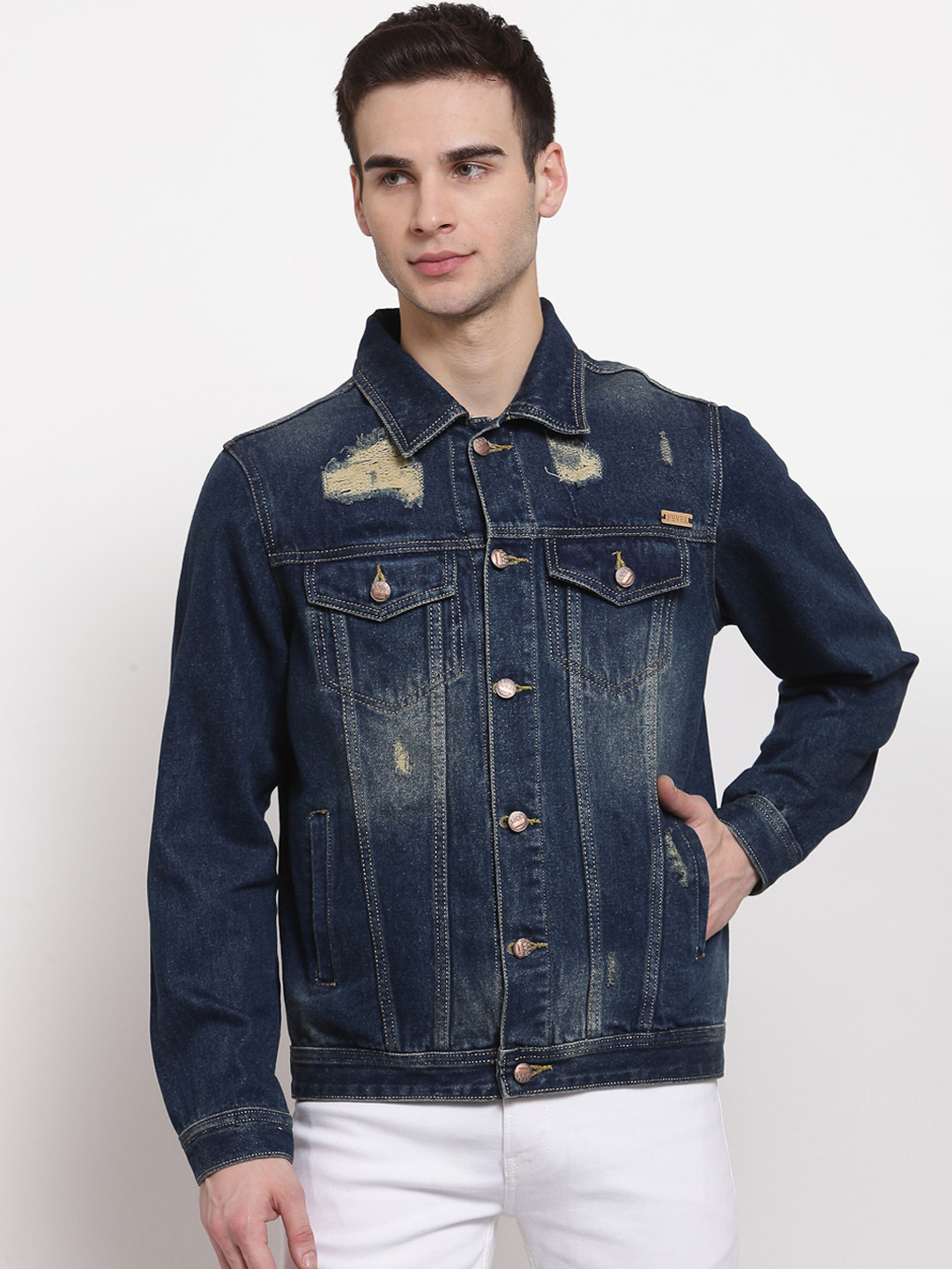 FEVER Men Blue Washed Denim Jacket with Patchwork