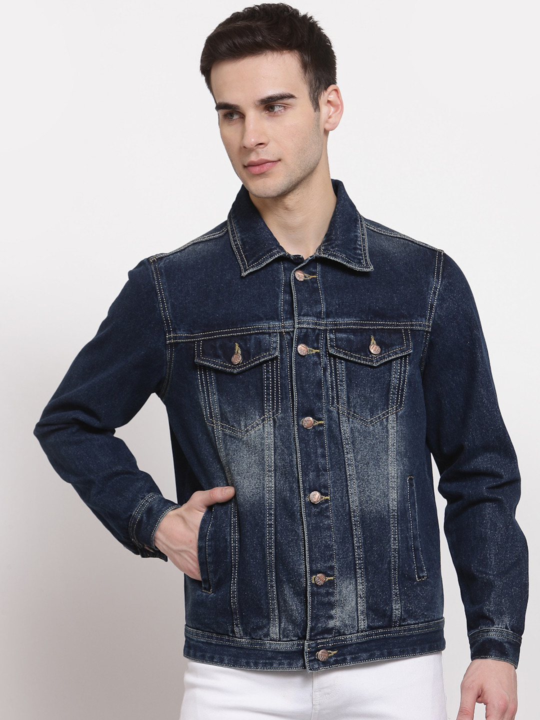 FEVER Men Blue Washed Denim Jacket with Patchwork