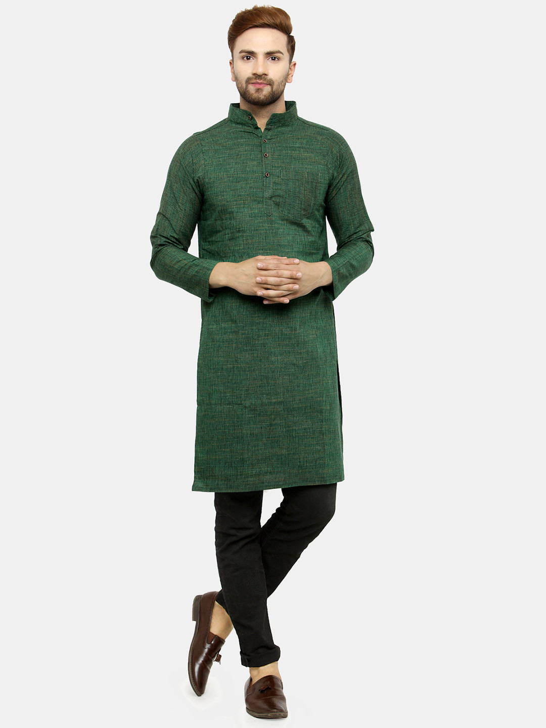 Enchanted Drapes Men Green Thread Work Handloom Kurta