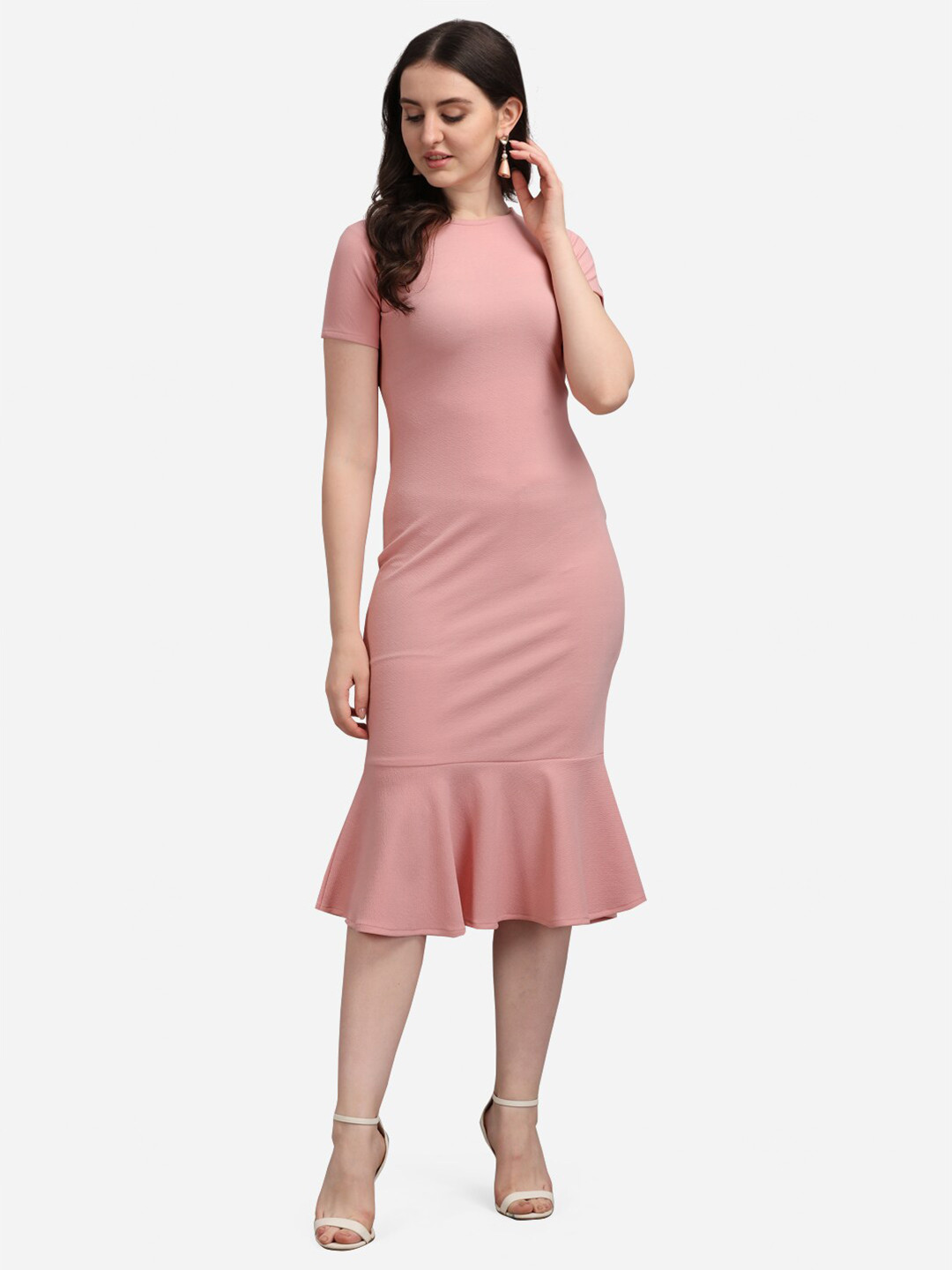 PURVAJA Peach-Coloured Bodycon Midi Dress