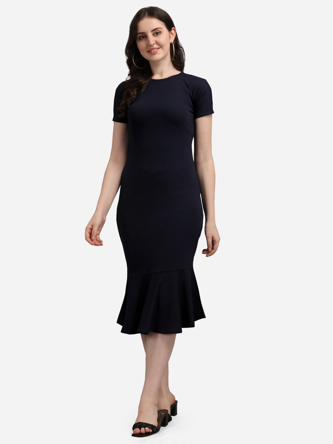 PURVAJA Navy Blue Bodycon Midi Dress