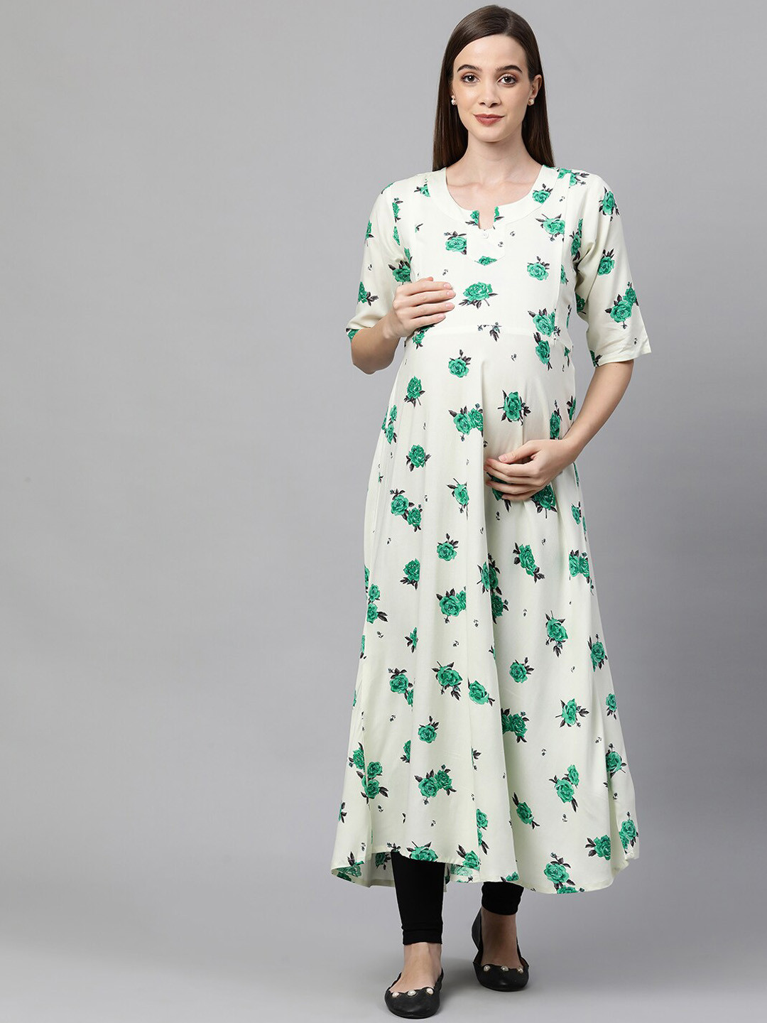 MomToBe Women Ivory Beige & Green Floral Printed Maternity Nursing Anarkali Rayon Kurta