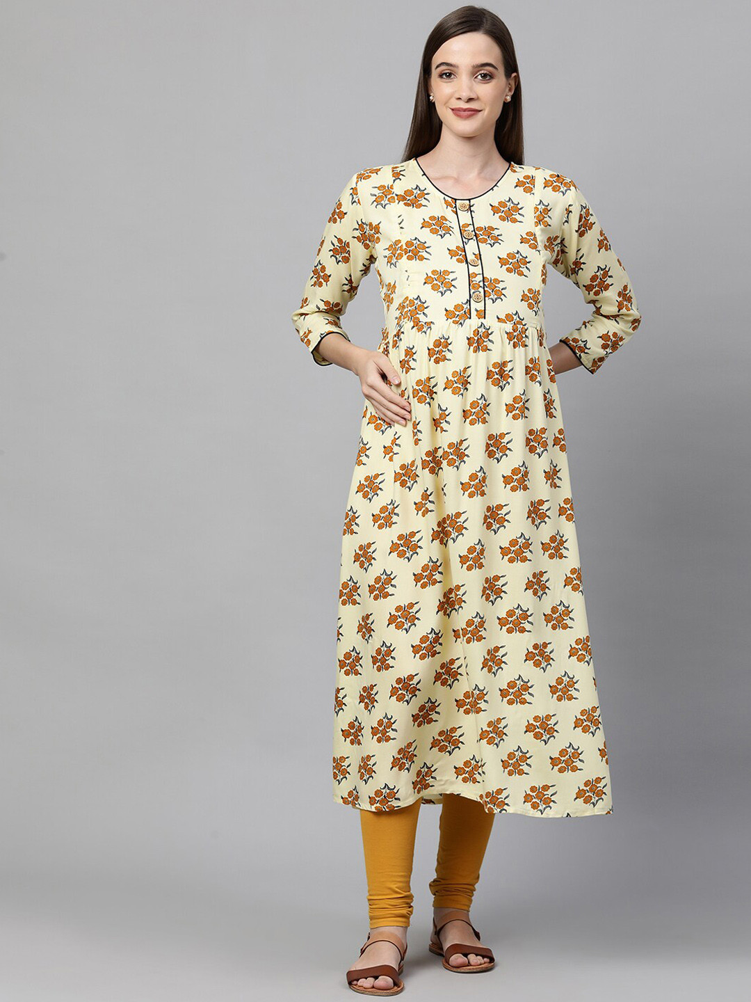 MomToBe Women Yellow Printed Keyhole Neck Maternity Nursing Rayon Kurta