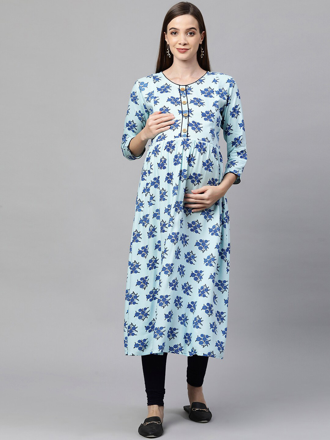 MomToBe Women Blue Floral Printed Maternity Nursing Rayon Kurta