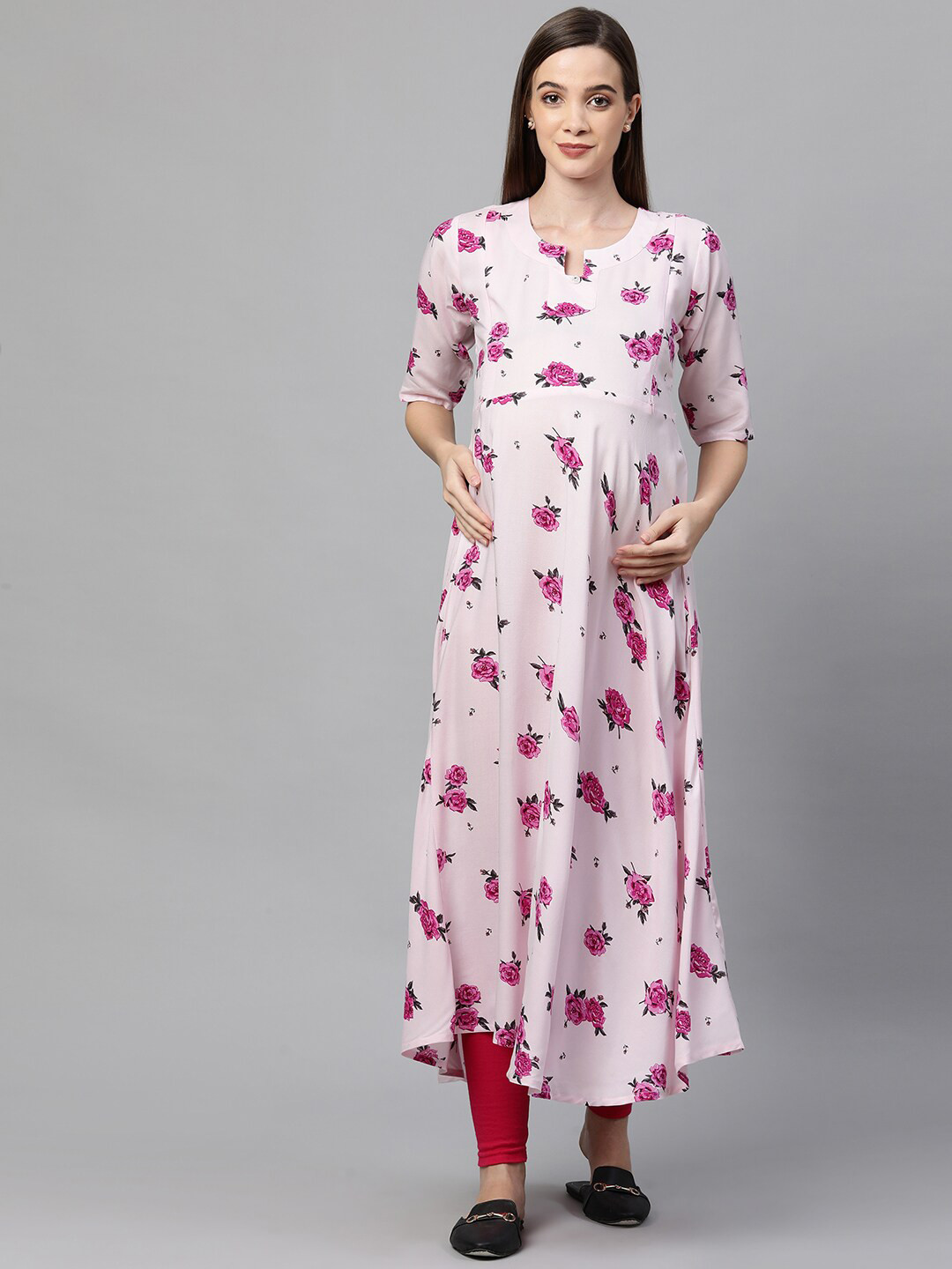 MomToBe Women Pink Floral Printed Maternity Nursing Anarkali Sustainable Kurta