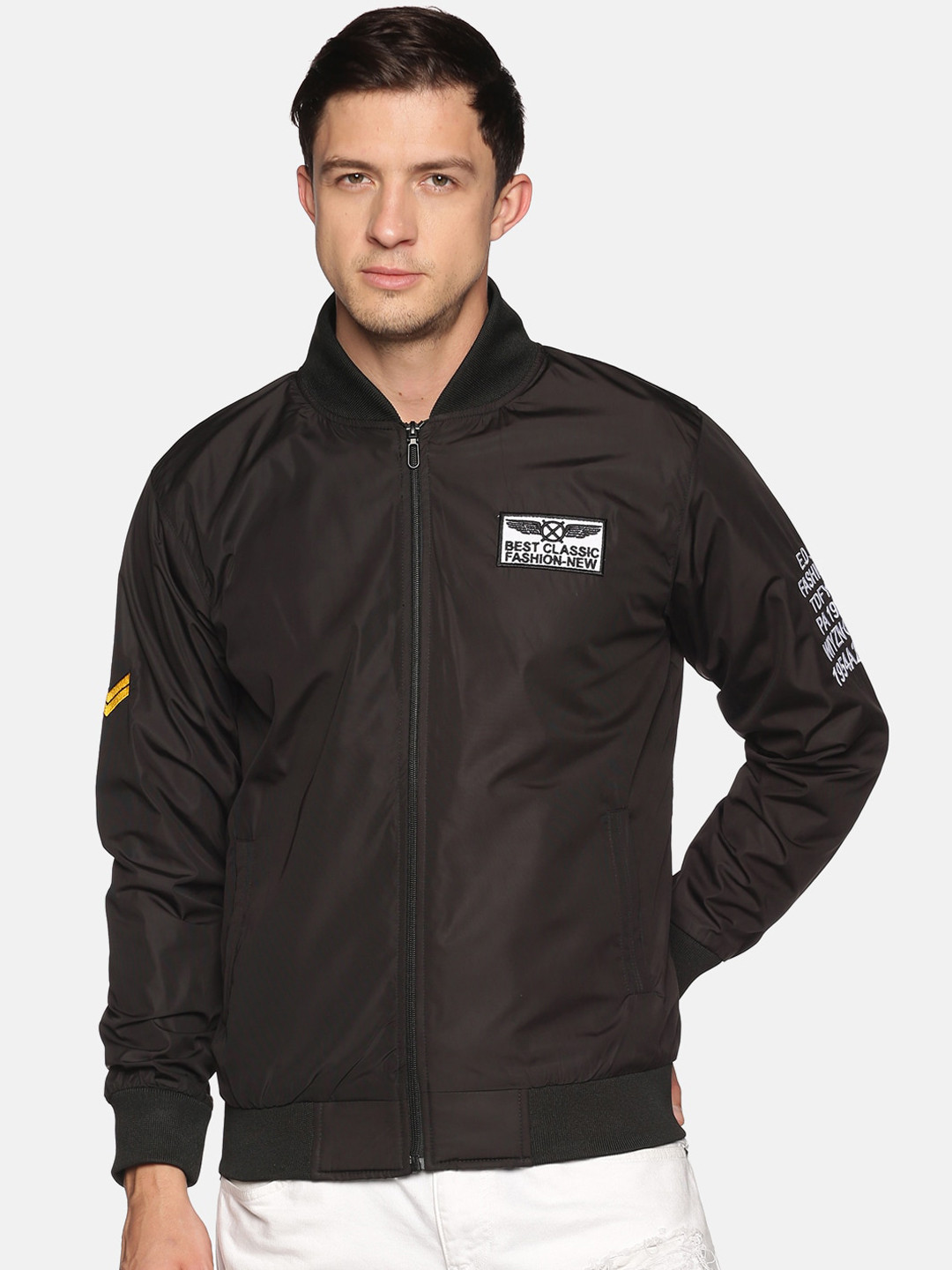 SHOWOFF Men Black Typography Windcheater Outdoor Bomber with Patchwork Jacket