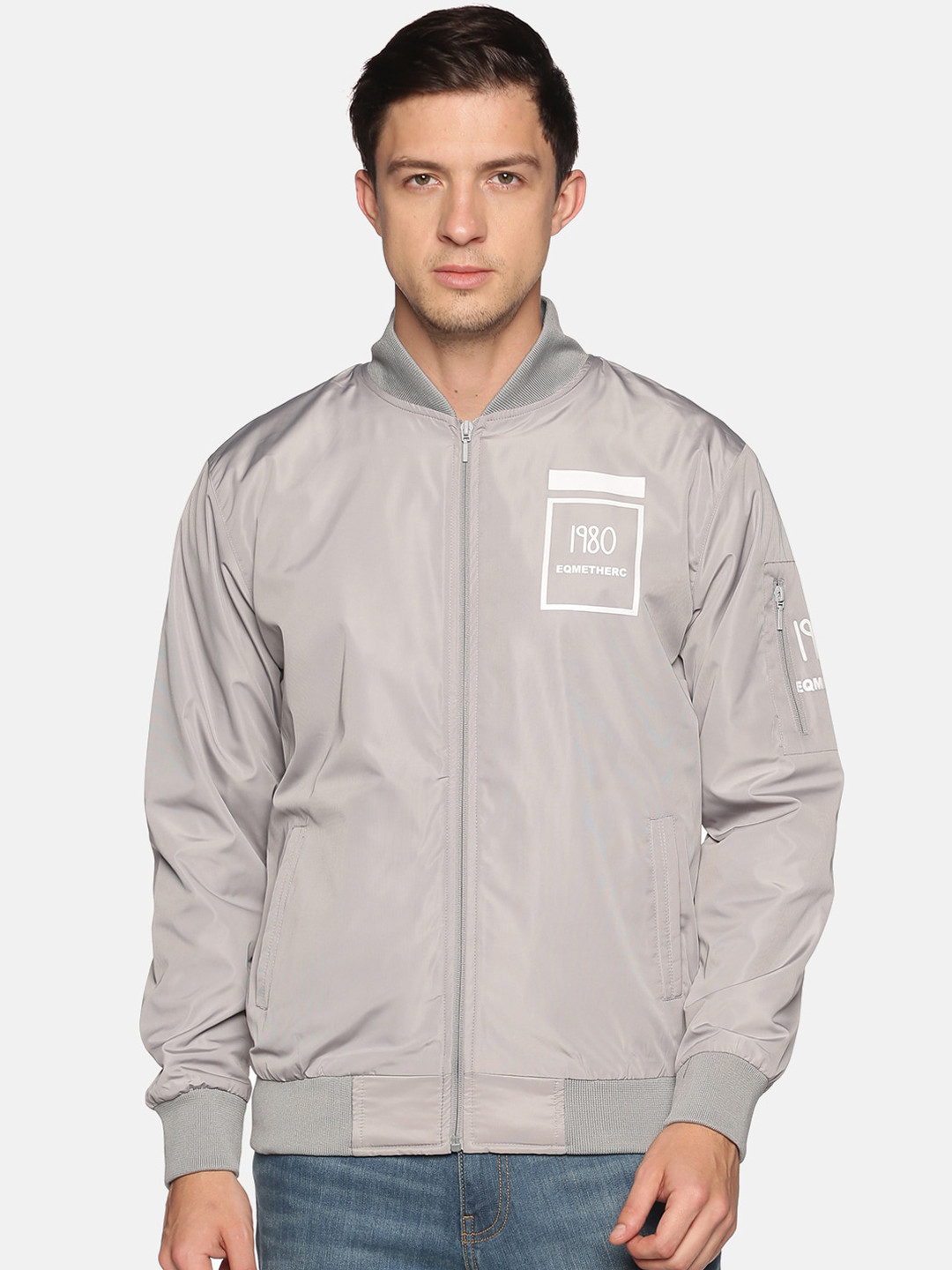 SHOWOFF Men Grey & Off White Solid Windcheater Bomber Jacket