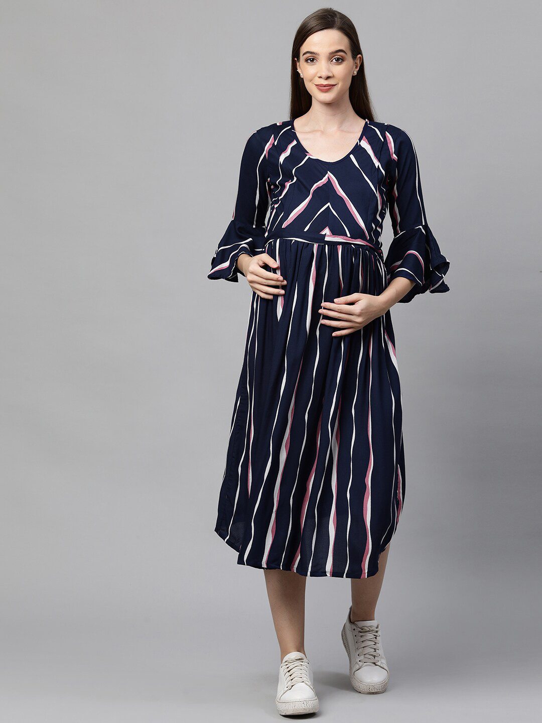 MomToBe Navy Blue & Pink Striped Maternity Nursing Midi Dress