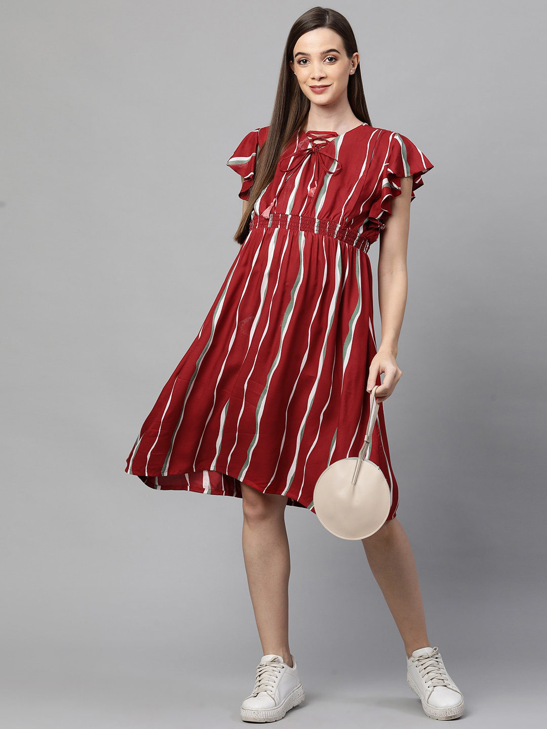 MomToBe Red & White Striped Maternity Nursing Tie-up Neck Dress