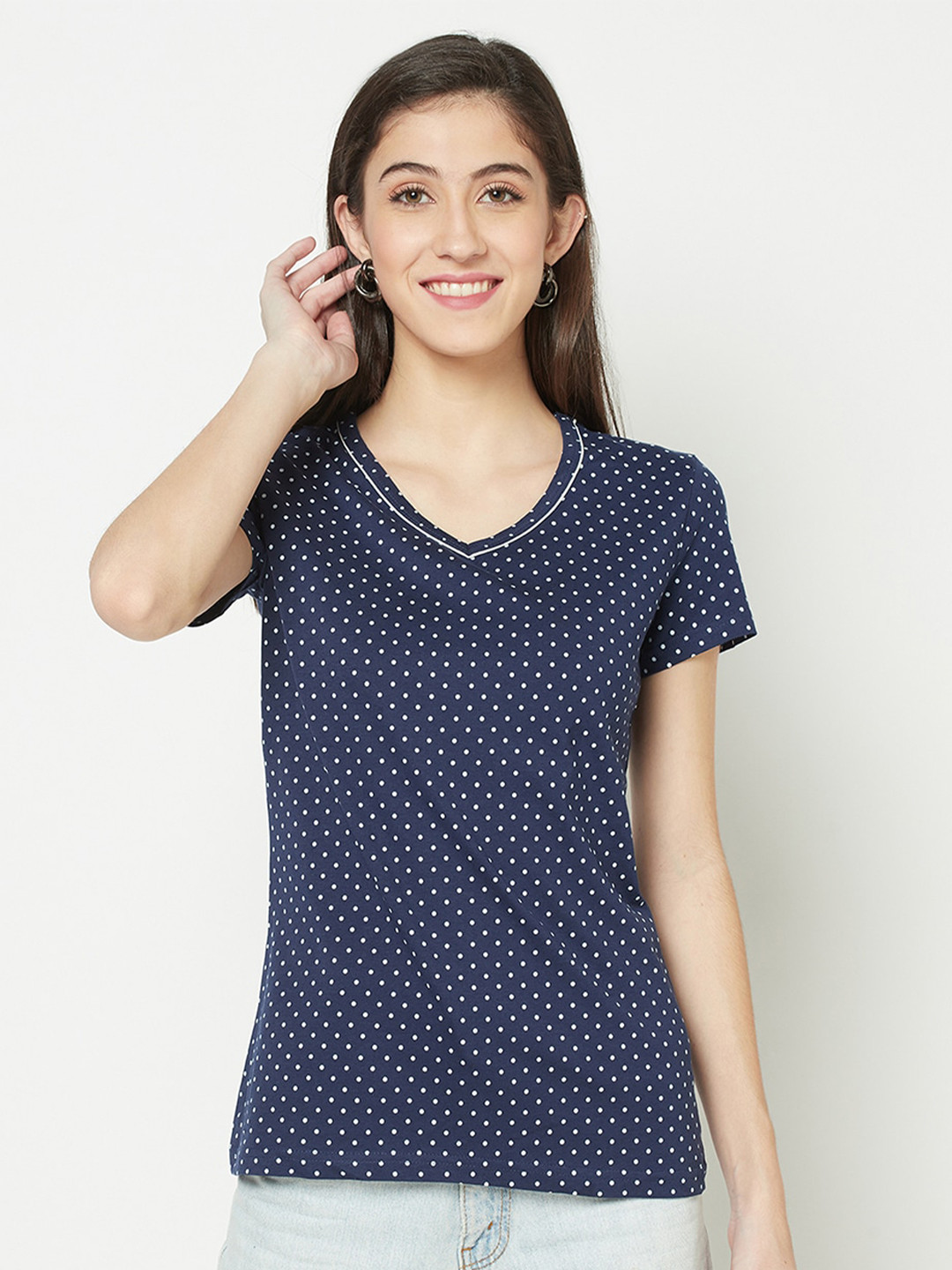 Espresso Women Navy Blue Polka Dot Printed Pure Cotton V-Neck T-shirt