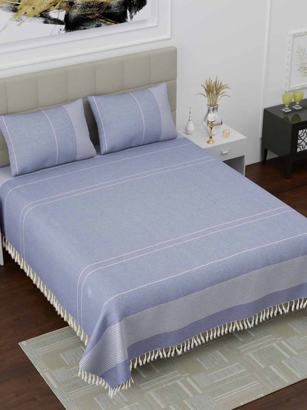 Varde Blue Striped Pure Cotton 160 TC King Bedsheet with 2 Pillow Covers-90 x 100 inches