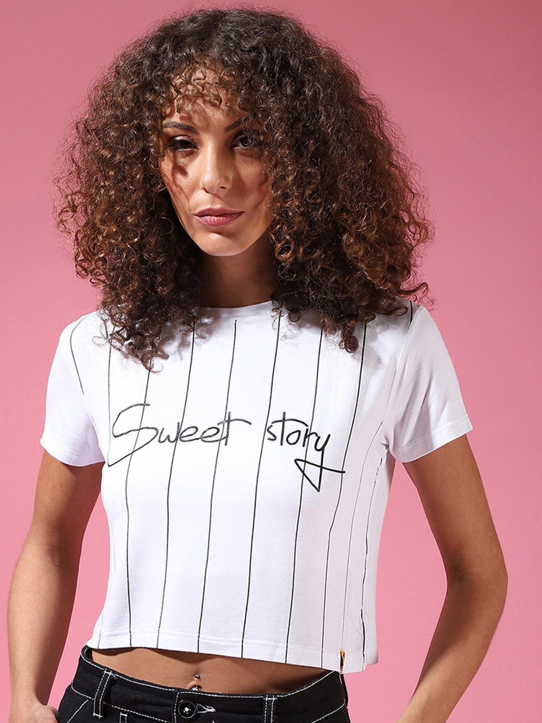 Campus Sutra White & Black Striped Boxy Crop Top