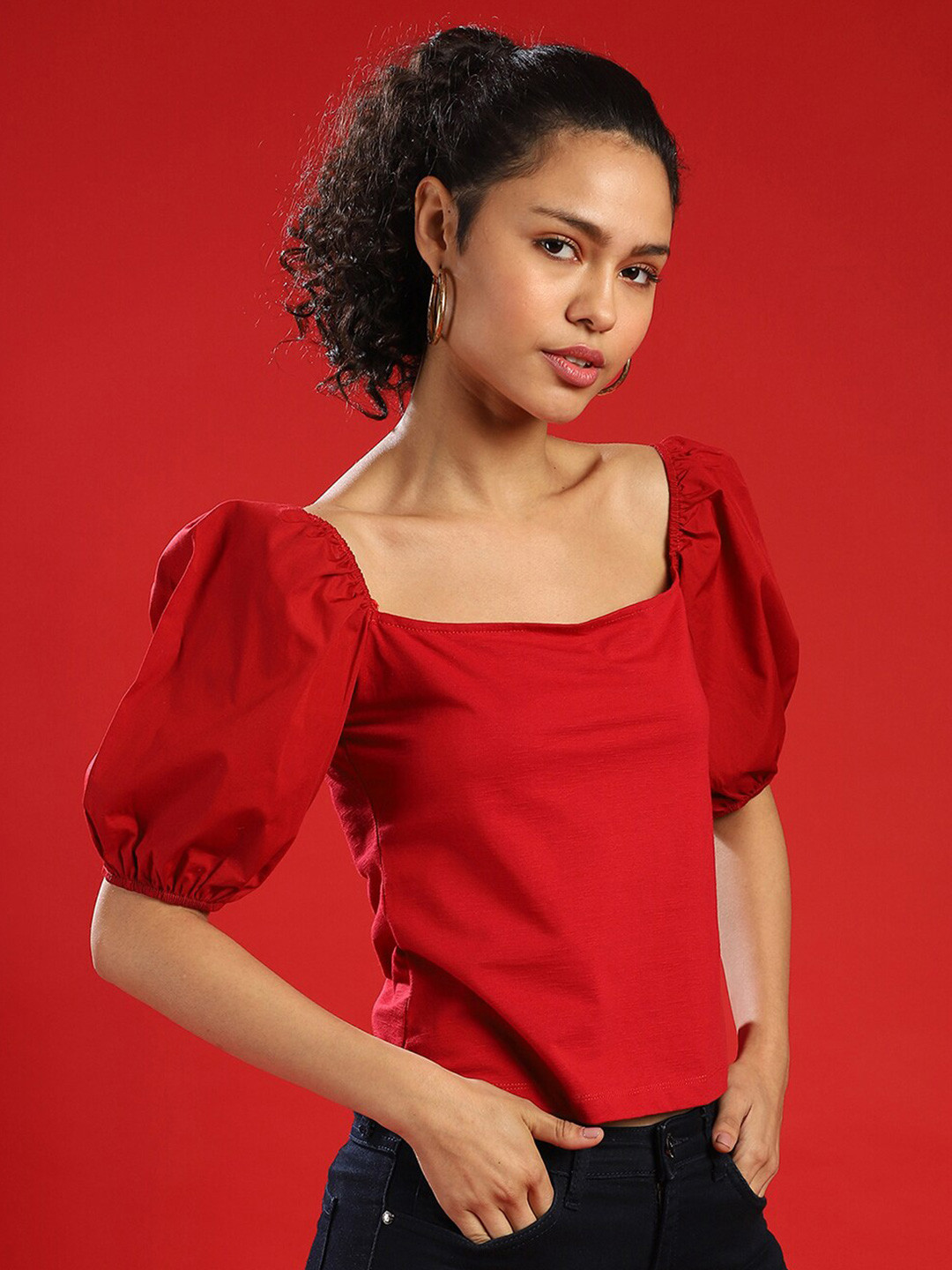 Campus Sutra Red Solid Stylish Casual Top