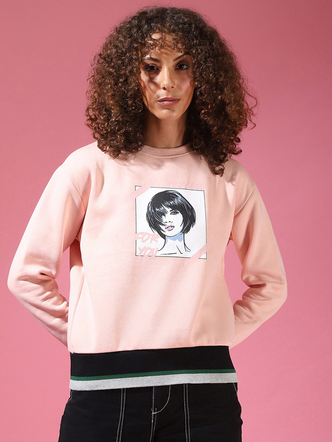 Campus Sutra Women Pink Graphic Printed Cotton Pullover Sweater