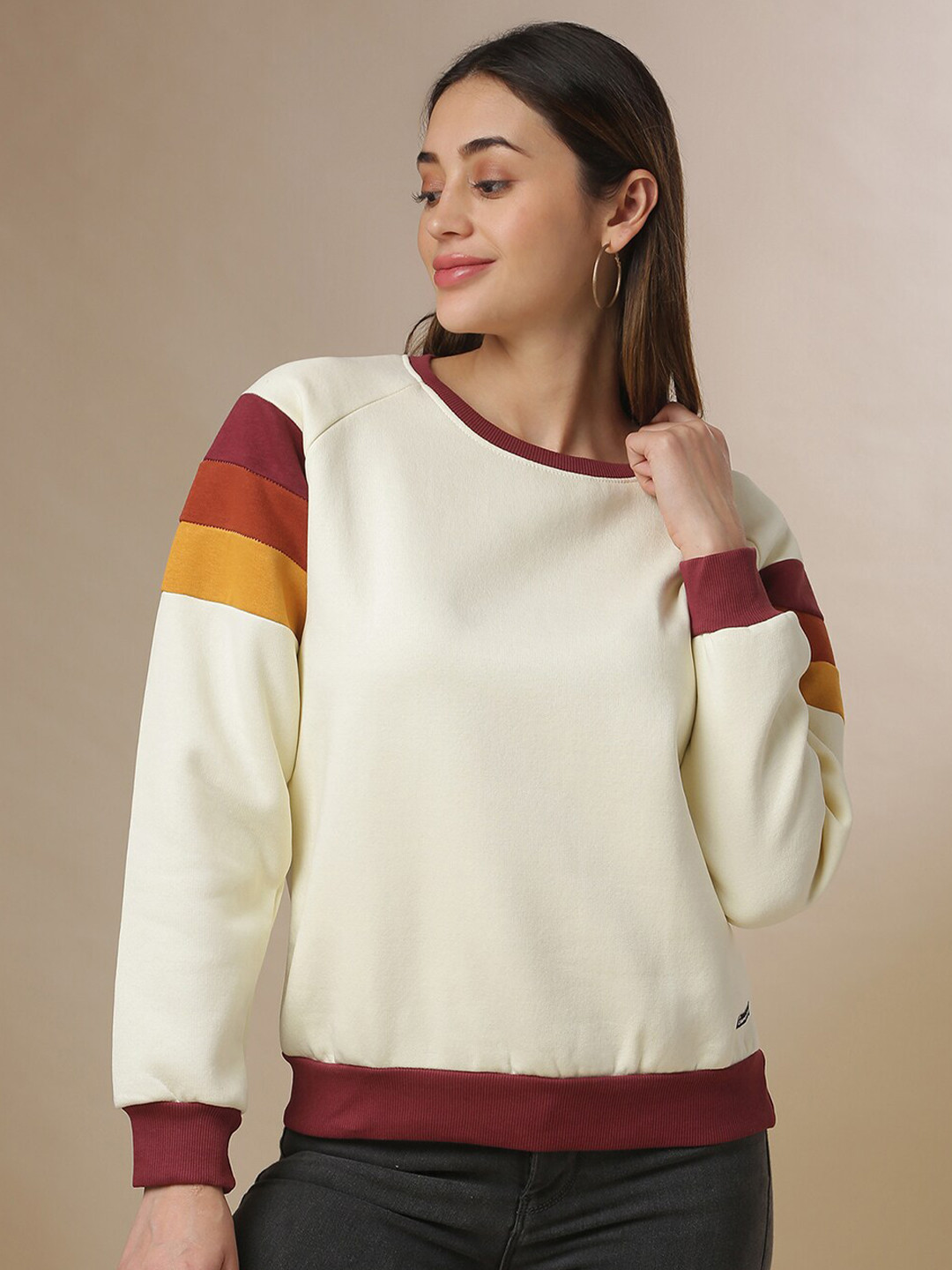 Campus Sutra Women Cream-Coloured & Mustard Striped Colourblocked Pullover