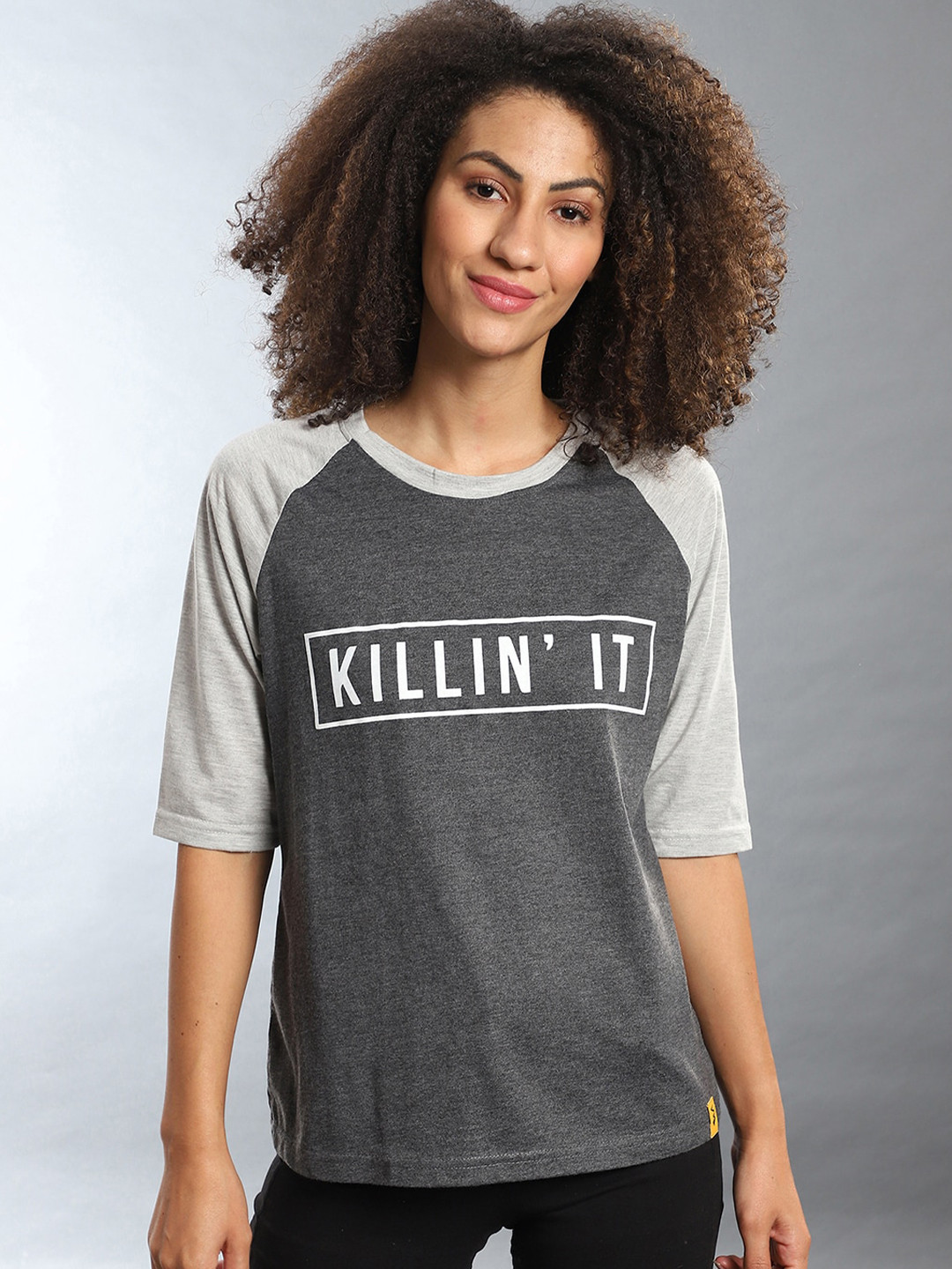 Campus Sutra Grey Printed Raglan Sleeve Top