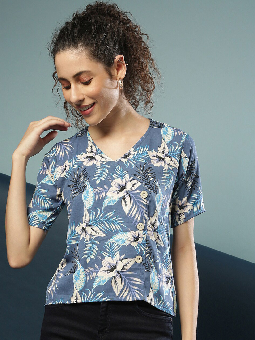 Campus Sutra Women Blue Floral Top
