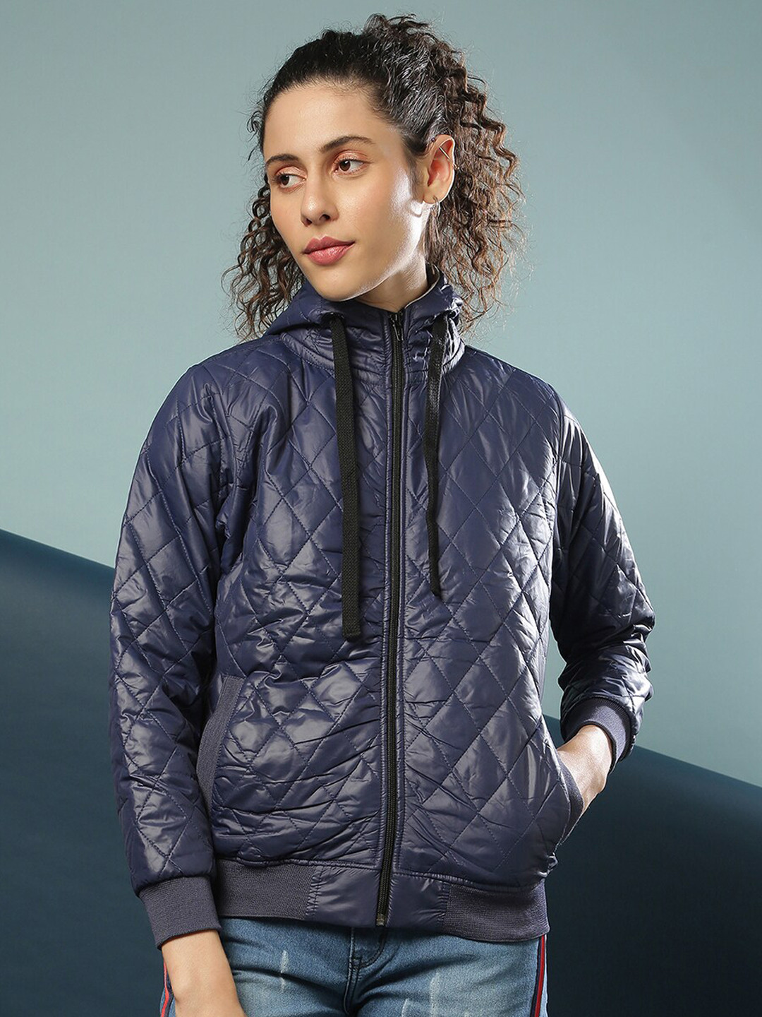 Campus Sutra Women Blue Windcheater Quilted Jacket