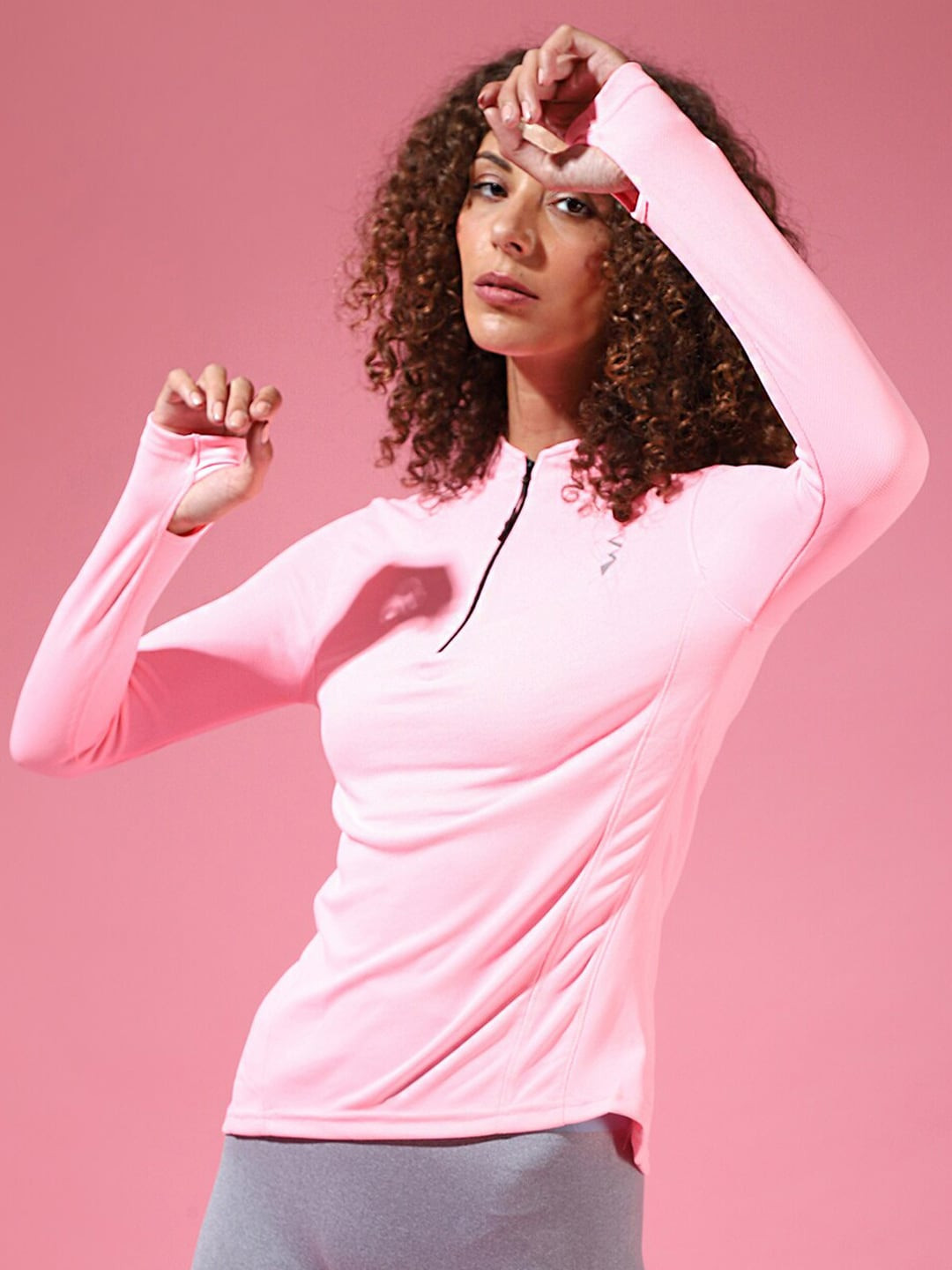 Campus Sutra Women Pink Henley Neck Slim Fit T-shirt