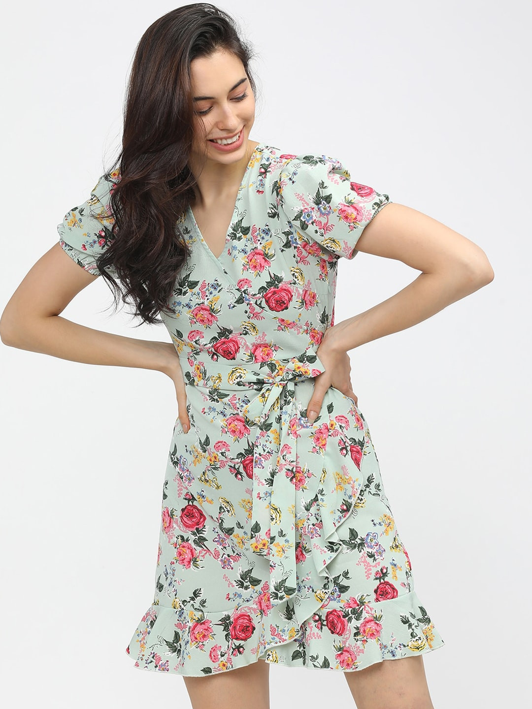 Tokyo Talkies Green & Pink Floral V-neck Wrap Dress
