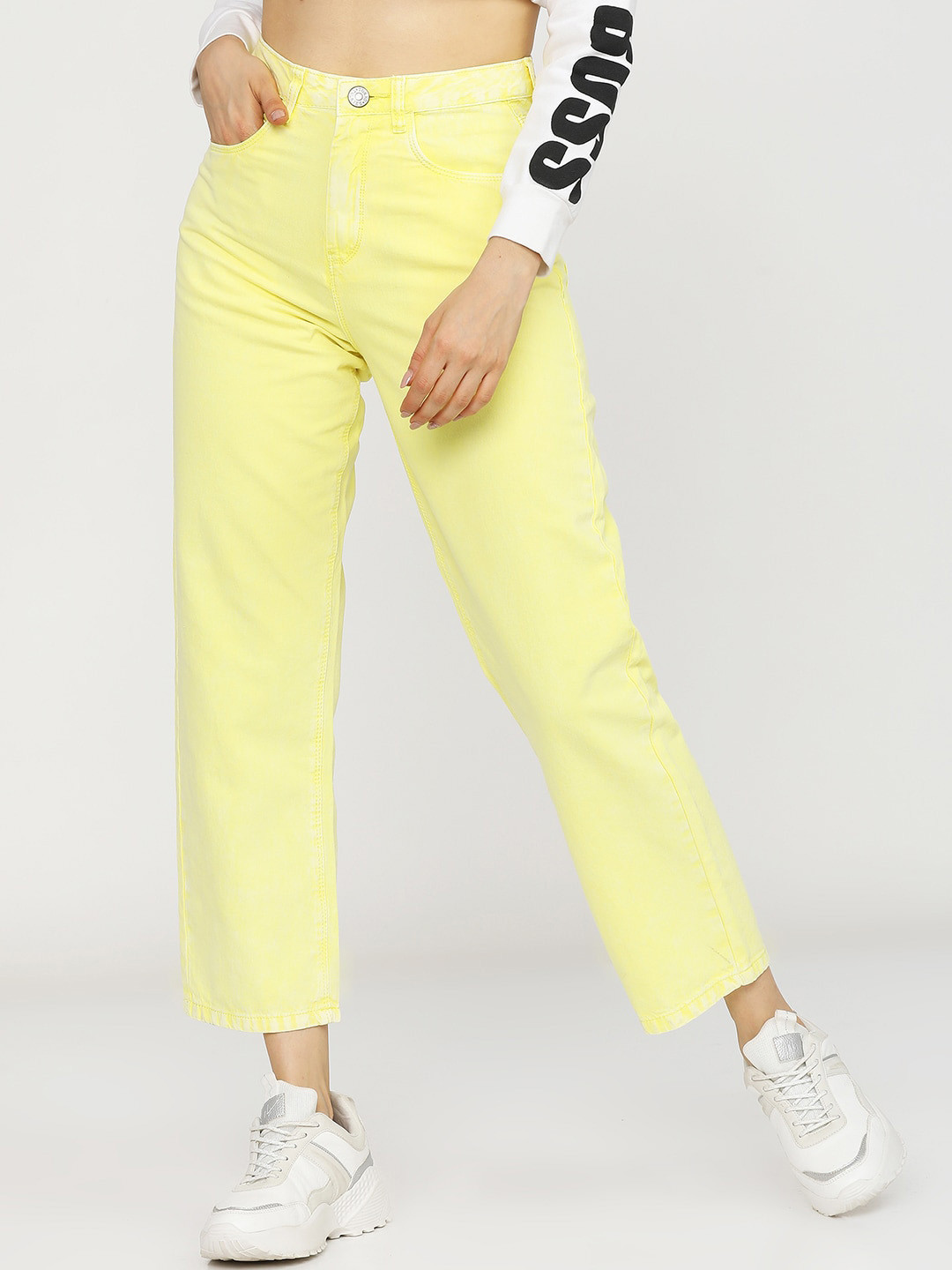 Tokyo Talkies Women Yellow Cotton Wide Leg Stretchable Jeans