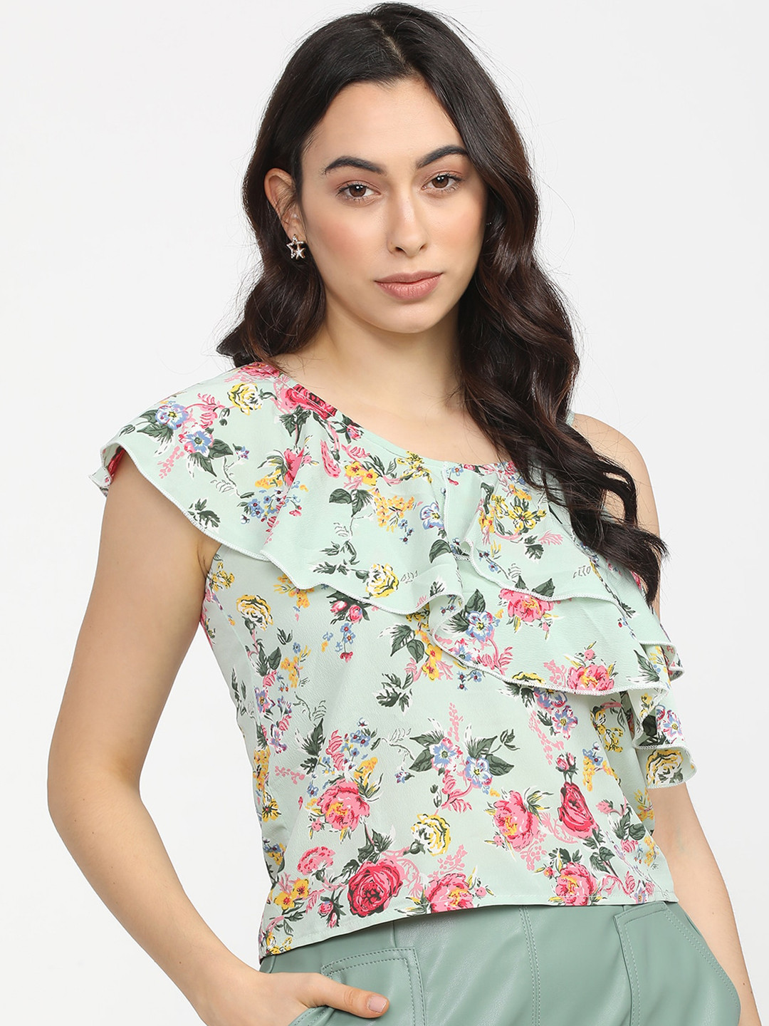 Tokyo Talkies Women Blue Floral One Shoulder Top