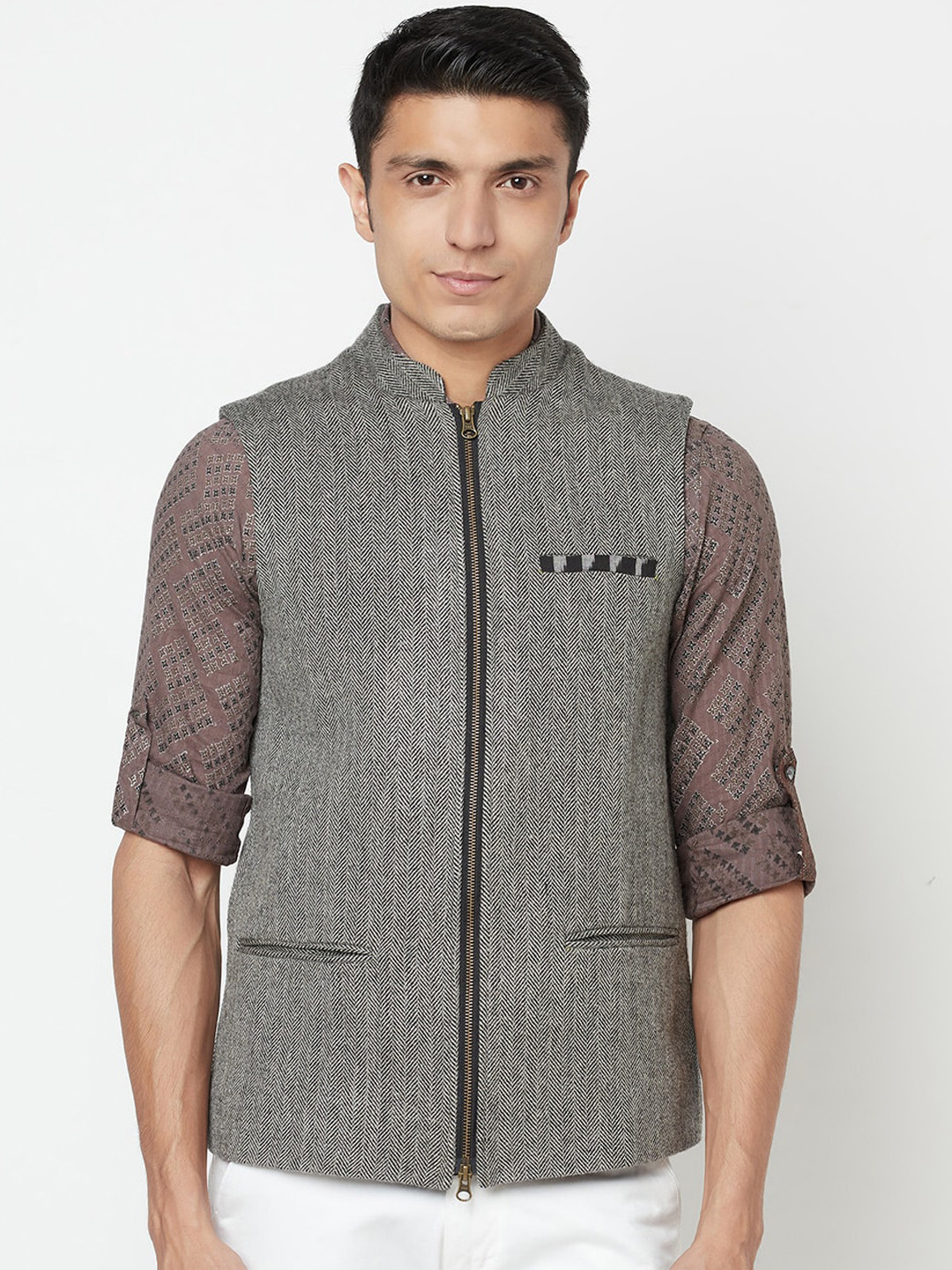 Fabindia Men Grey Woven Design Pure Wool Nehru Jacket