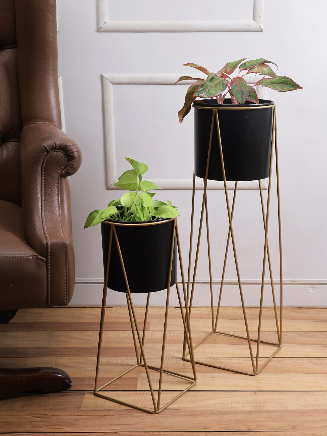 Aapno Rajasthan Set Of 2 Black & Gold-Toned Planters With Stand