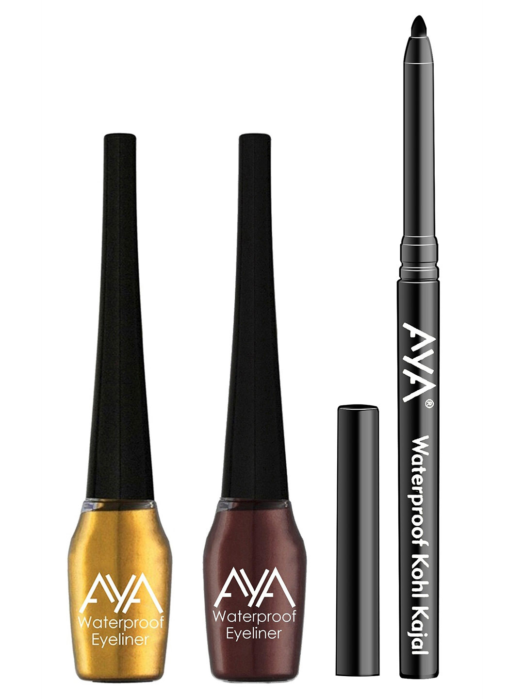 AYA Set of 2 Gold & Brown Waterproof Liquid Eyeliners with Jet Black Waterproof Kohl Kajal